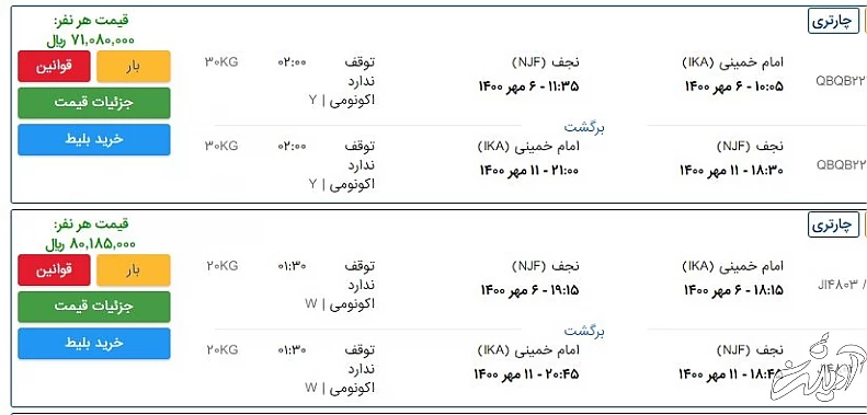 قیمت بلیت پرواز یکطرفه اربعین ۸ میلیون تومان 